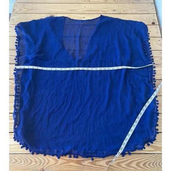 Rod Beattie Bleu Pom Pom Trim Sheer Cover Up Dress Top Size Medium Women’s Blue - Picture 6 of 6